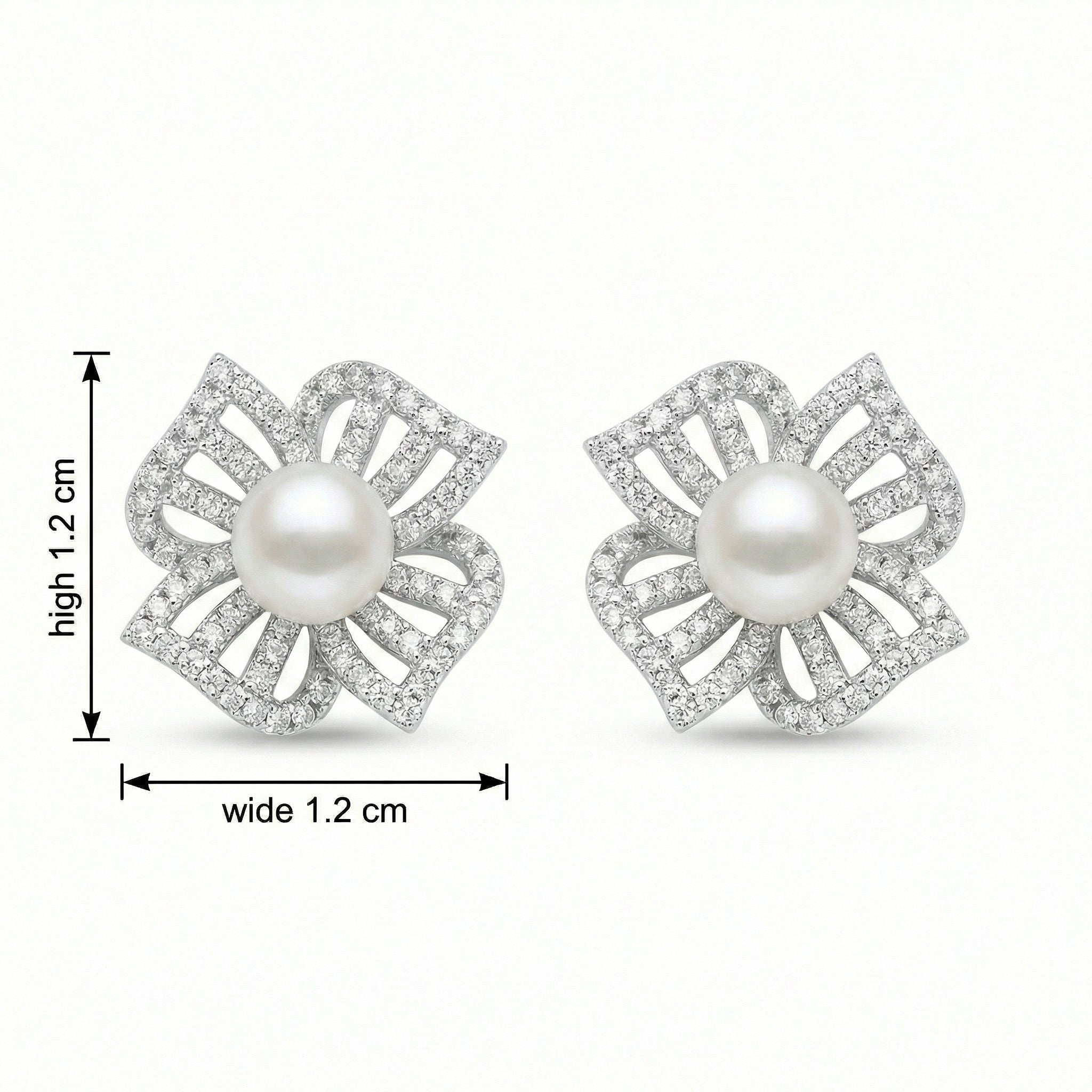 925 Sterling Silver Elegant White Pearl and Diamond Floral Stud Earrings