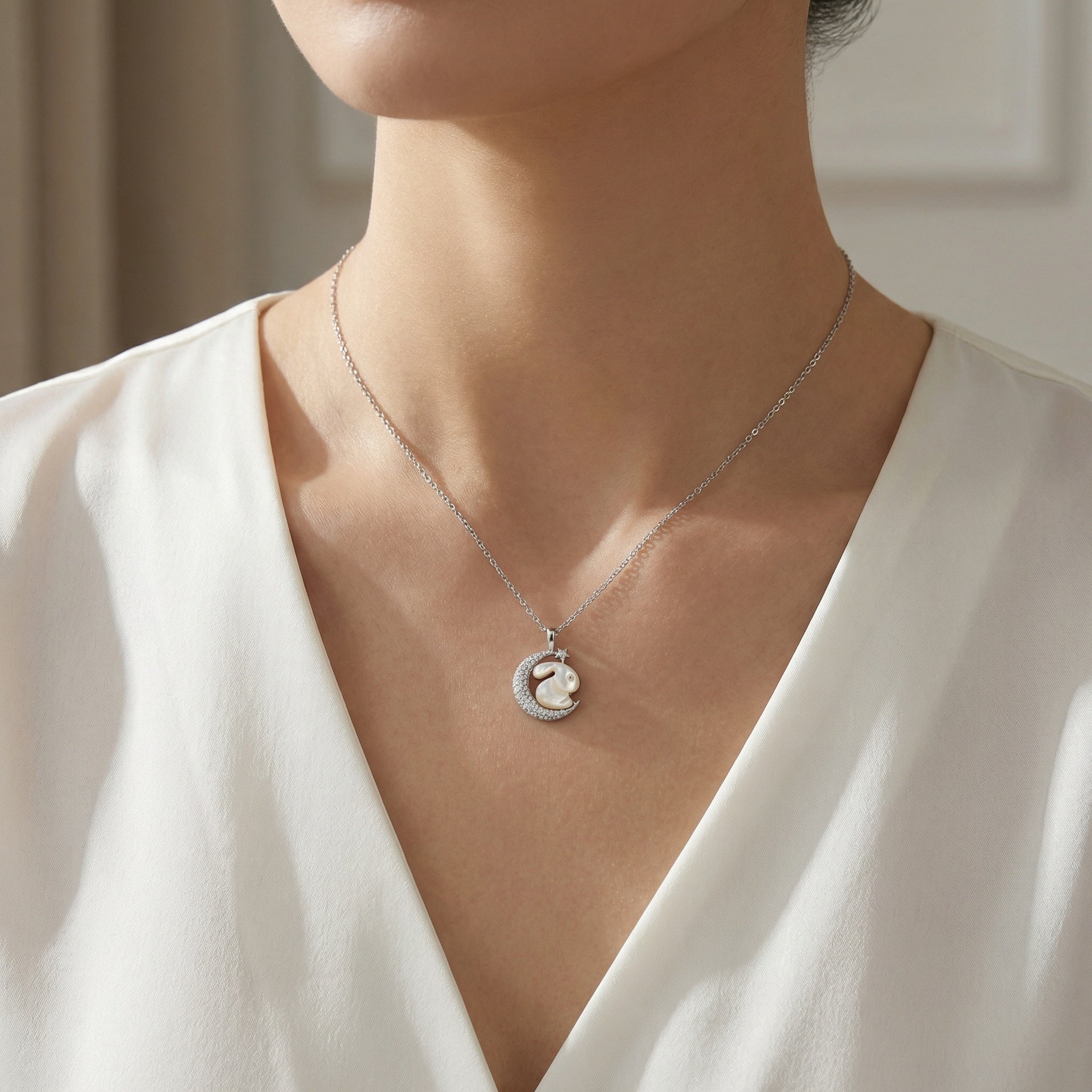 925 Sterling Silver Elegant Mother of Pearl Rabbit and Crescent Moon Pendant Necklace