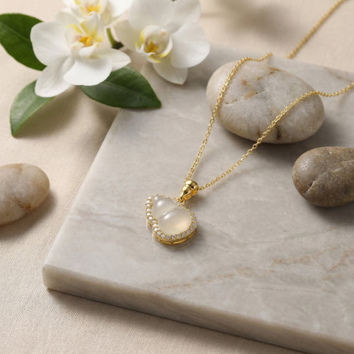 925 Ayar Gümüş Işıltılı Hulu Kolye, Şeffaf Taş ve Parlak Değerli Taş Halkasıyla