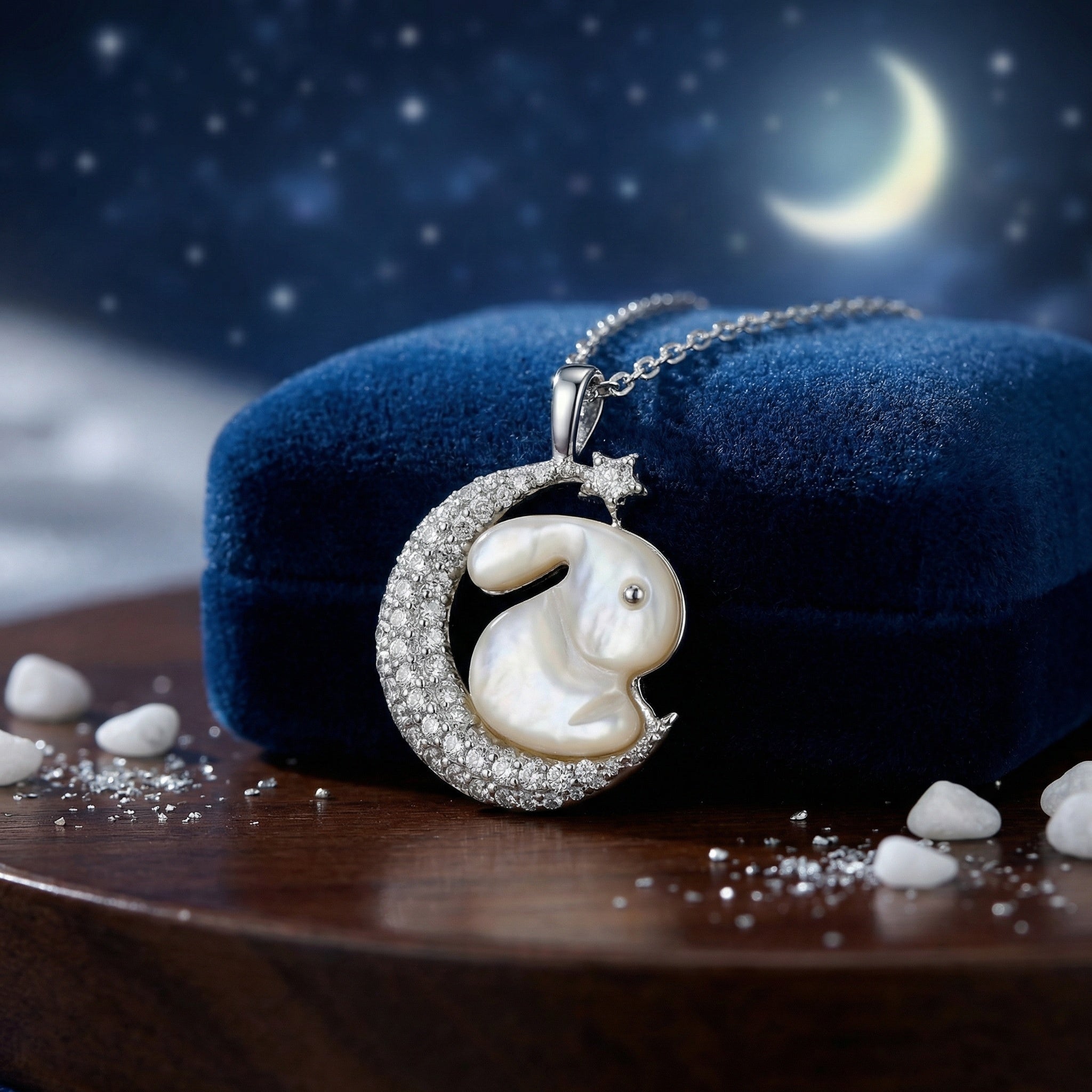 925 Sterling Silver Elegant Mother of Pearl Rabbit and Crescent Moon Pendant Necklace