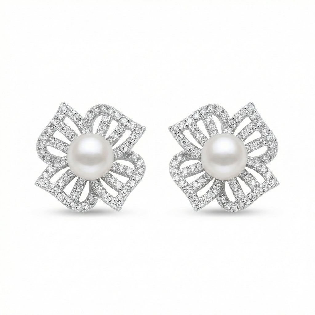 925 Sterling Silver Elegant White Pearl and Diamond Floral Stud Earrings
