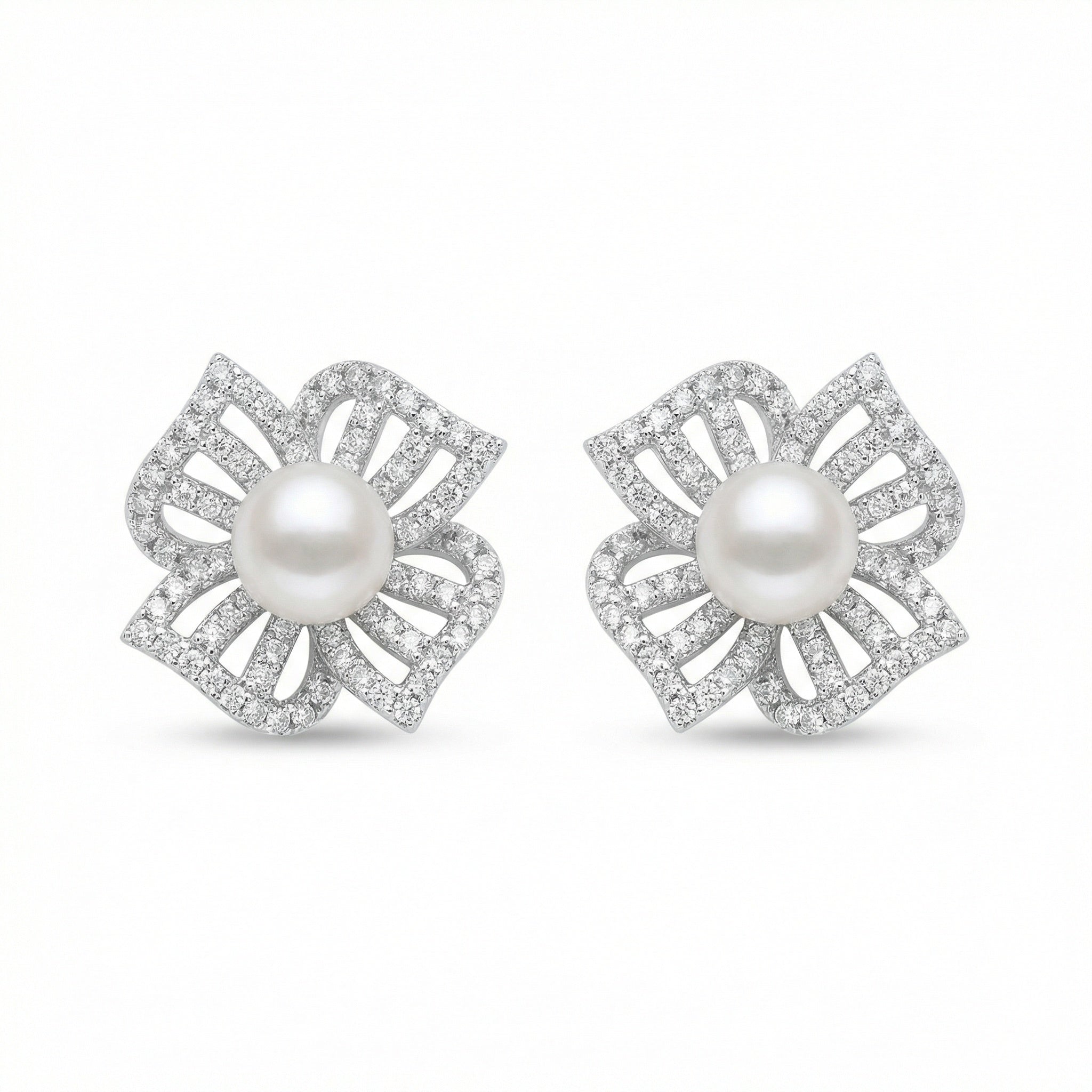 925 Sterling Silver Elegant White Pearl and Diamond Floral Stud Earrings