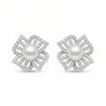 925 Sterling Silver Elegant White Pearl and Diamond Floral Stud Earrings