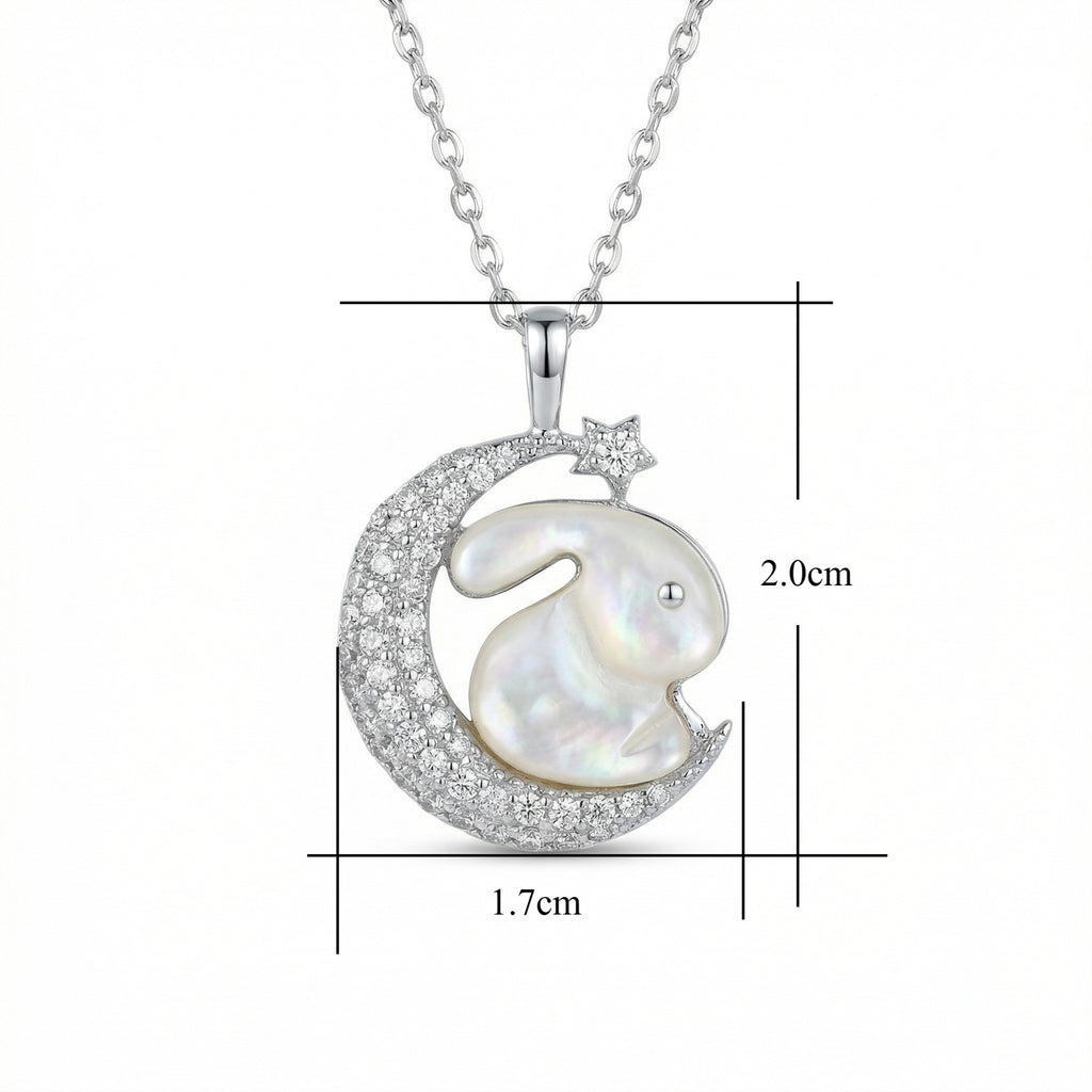 925 Sterling Silver Elegant Mother of Pearl Rabbit and Crescent Moon Pendant Necklace