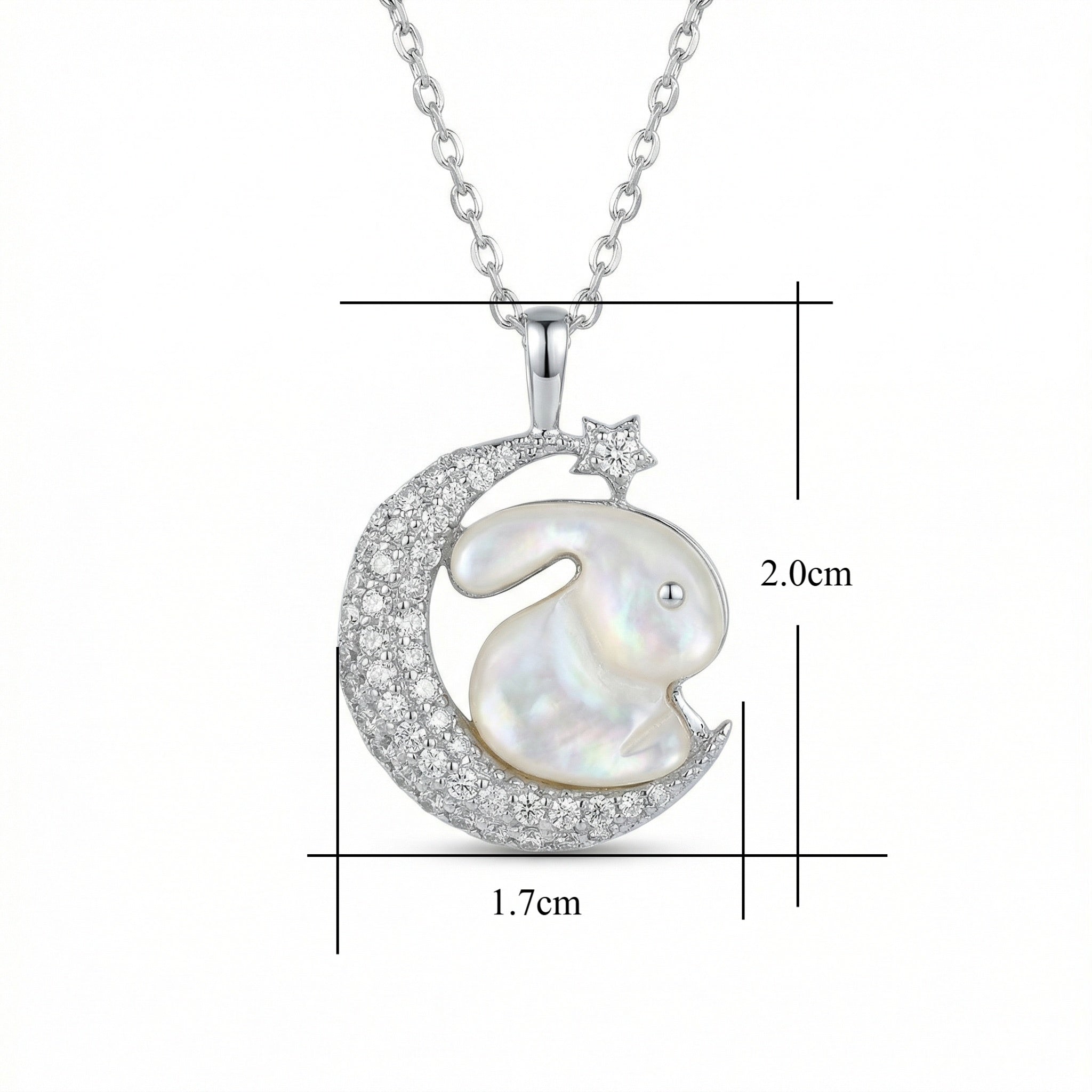 925 Sterling Silver Elegant Mother of Pearl Rabbit and Crescent Moon Pendant Necklace