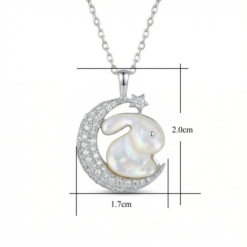 925 Sterling Silver Elegant Mother of Pearl Rabbit and Crescent Moon Pendant Necklace