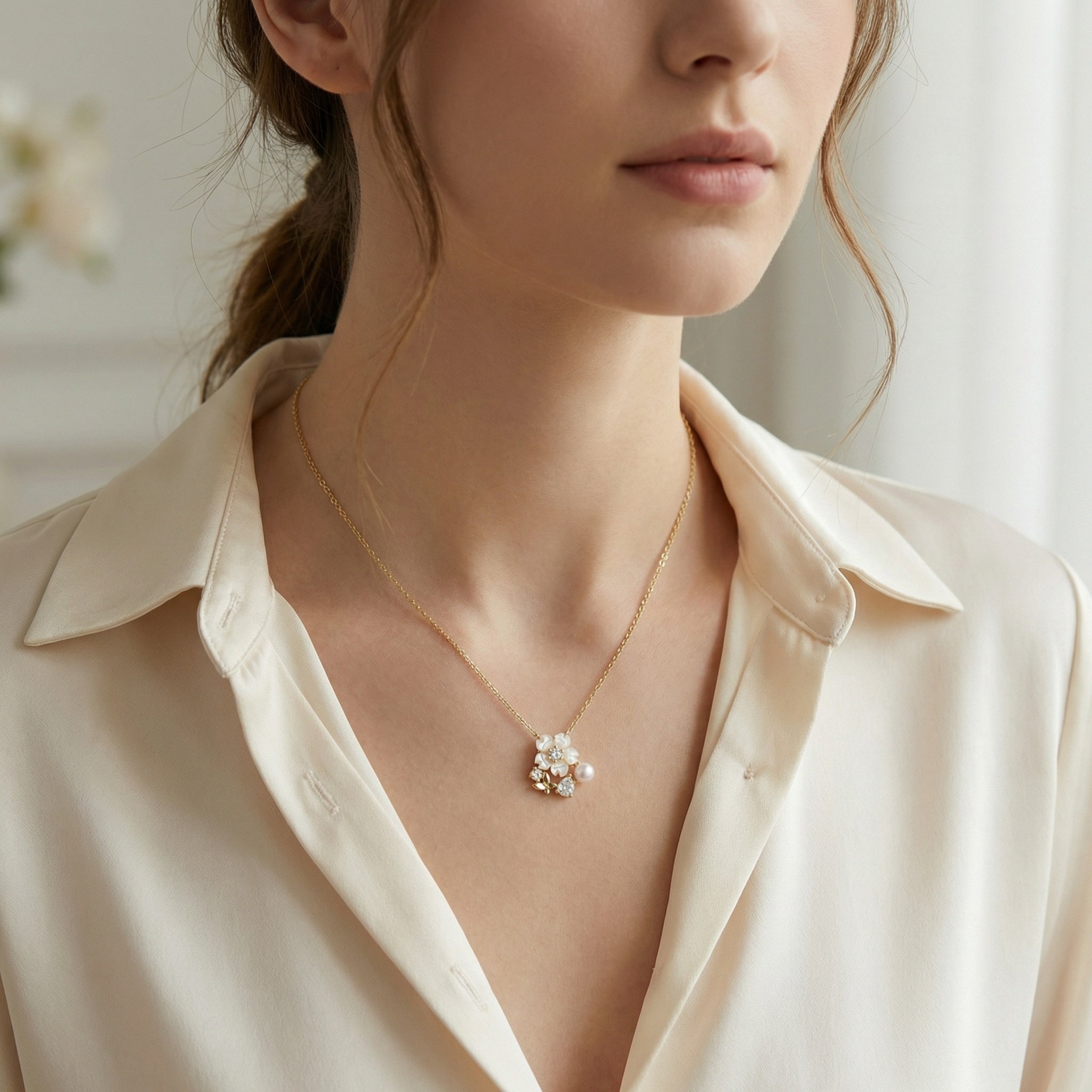 925 Sterling Silver Elegant Mother of Pearl Flower Pendant Necklace with Pearl and Butterfly Charm