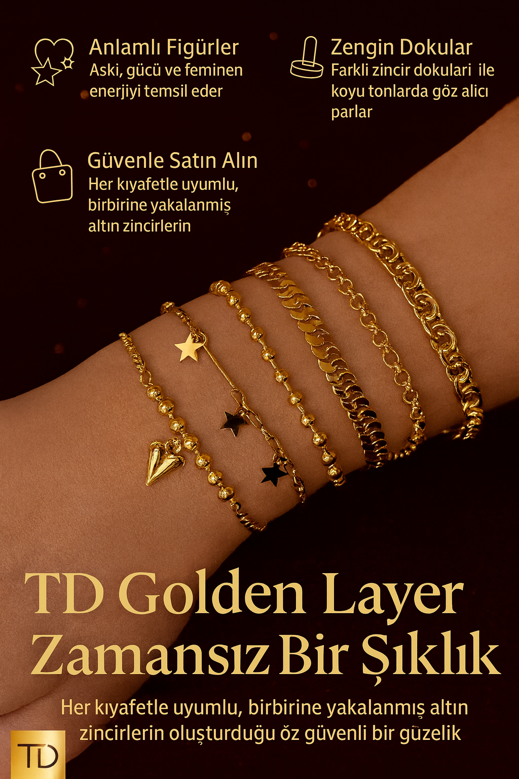 TD Golden Layer – Çoklu Zincir Altın Bileklik Seti