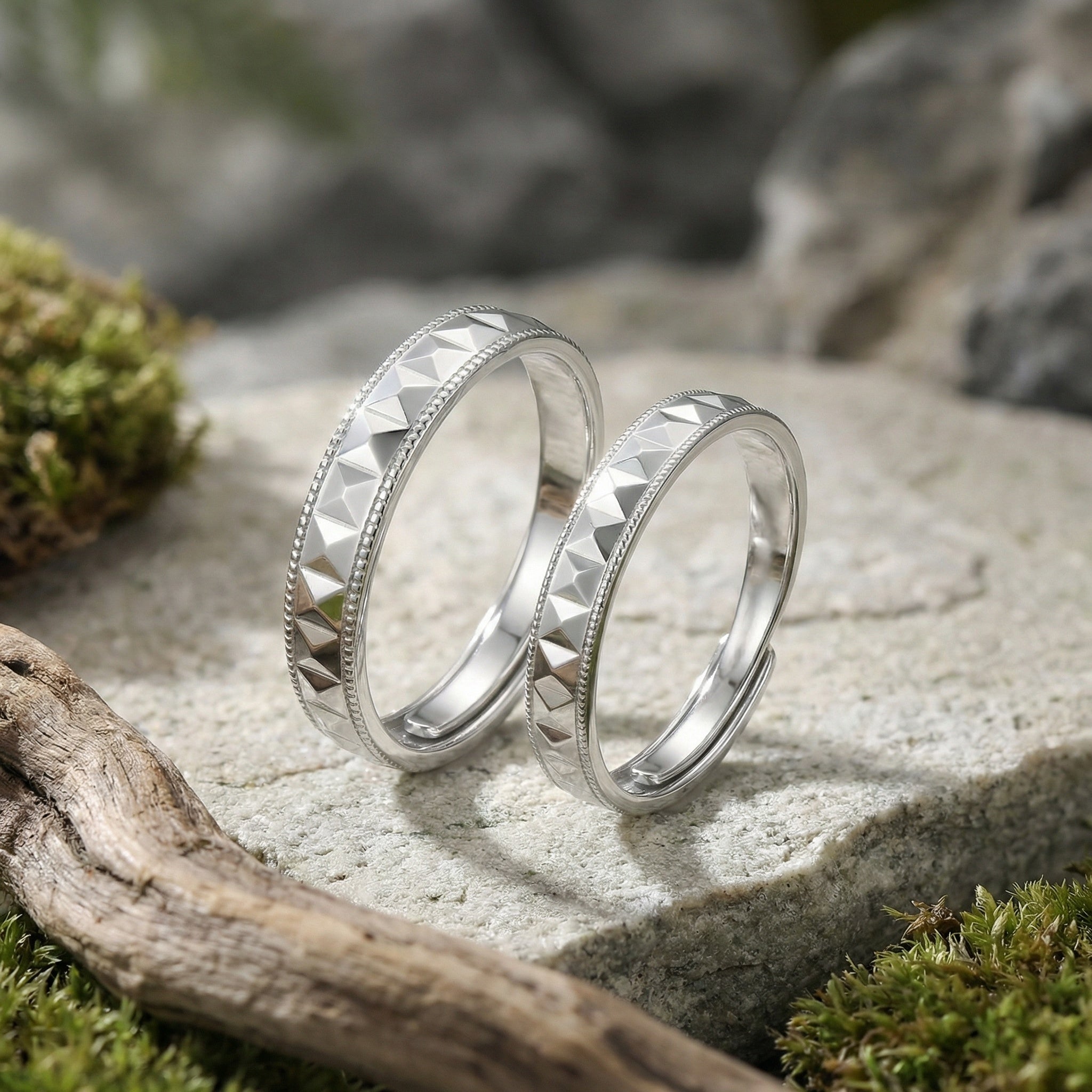 925 Ayar Gümüş Zarif S925 Ayar Gümüş Piramit Taşlı Ayarlanabilir Çift Yüzük Seti