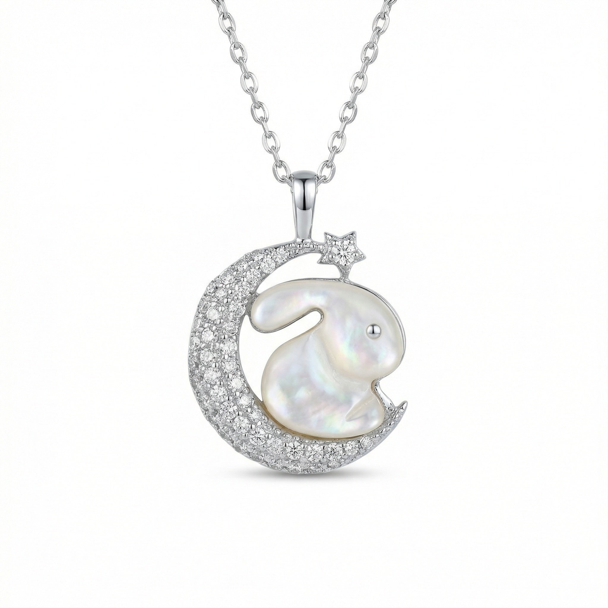 925 Sterling Silver Elegant Mother of Pearl Rabbit and Crescent Moon Pendant Necklace