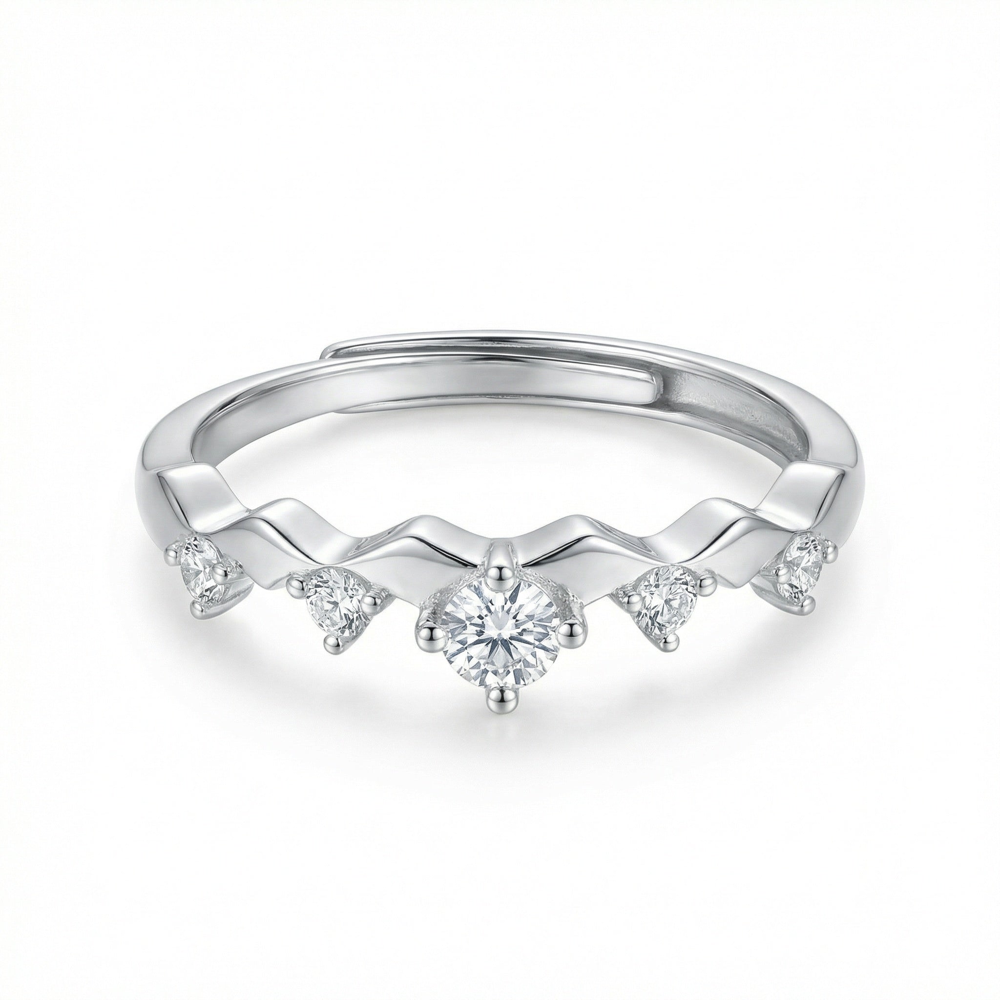 925 Sterling Silver Dainty Adjustable Silver Wave Ring Featuring Five Sparkling Round-Cut Stones